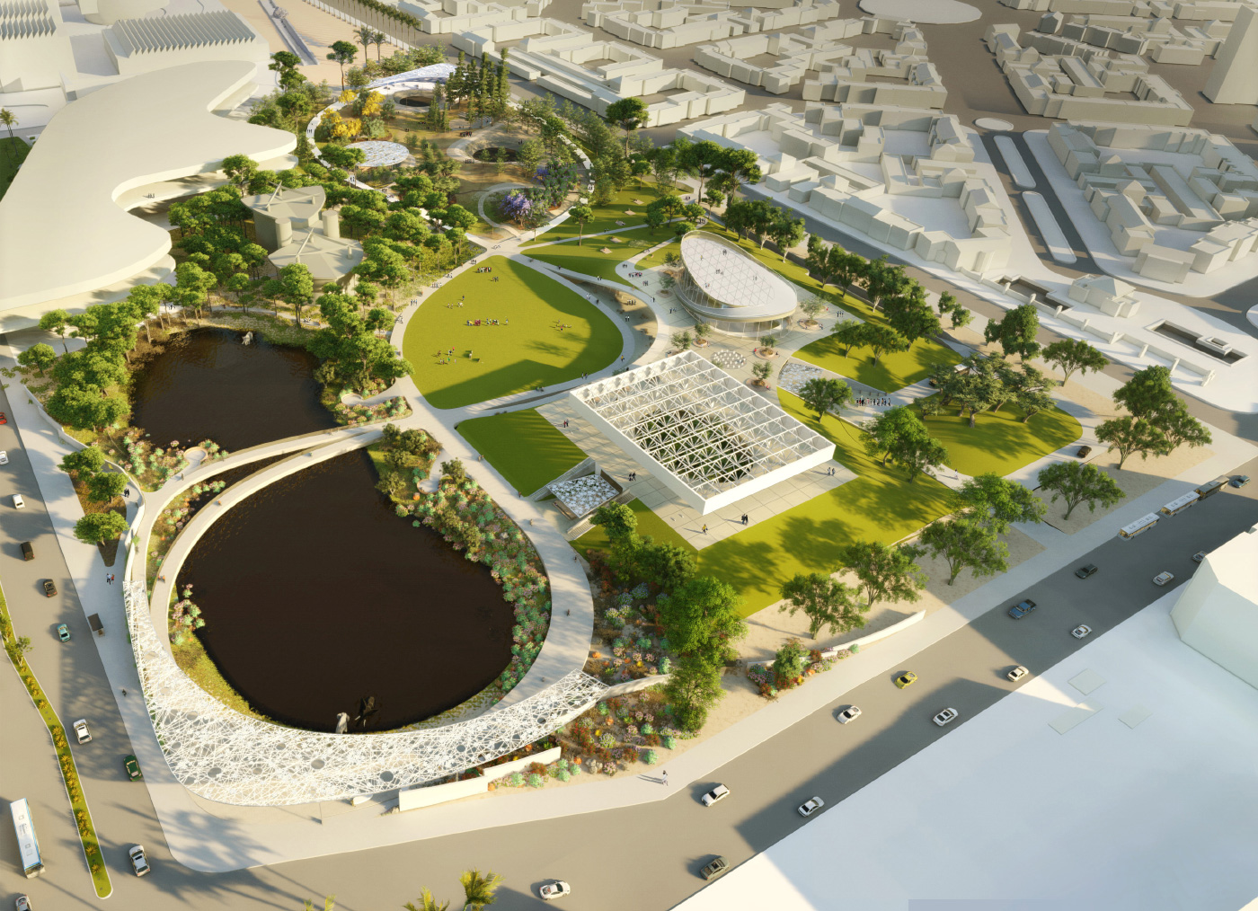 Aerial rendering of a loop system for the La Brea Tar Pits