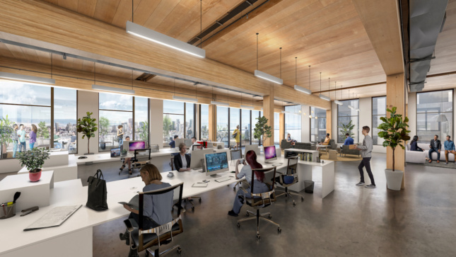 Rendering of open office plan with wood ceiling
