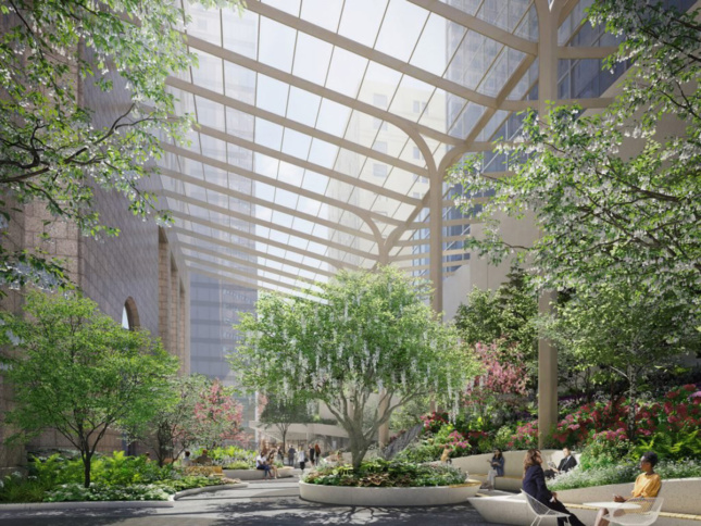Rendering of trees and plants galore underneath glass canopy of public plaza