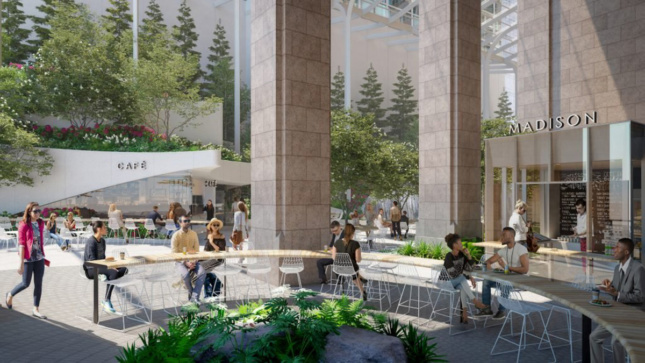 Rendering of public space outside granite facade building with white angular cafe and a sign that reads 550 Madison