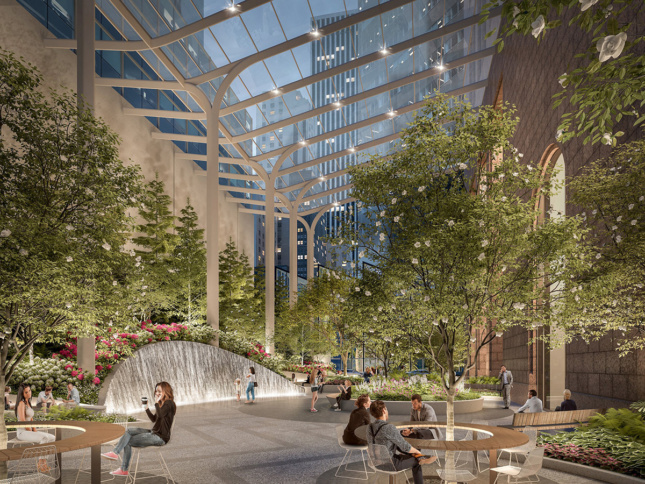 Rendering of outdoor public plaza covered by skeleton-like glass canopy and featuring tall trees, a water feature, and wooden circular benches behind 550 Madison