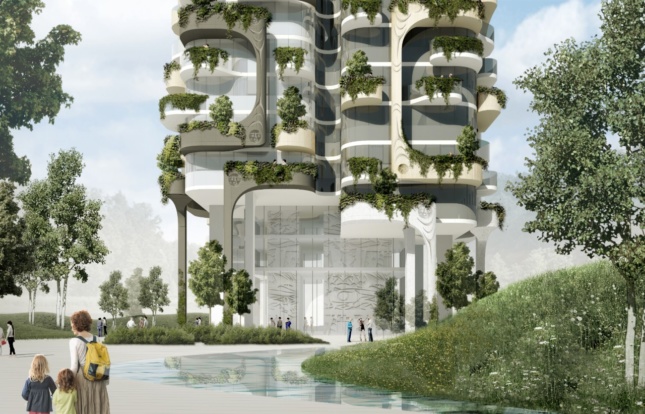A tower is situated within green space. Overlapping terraces have a lot of greenery on them. 
