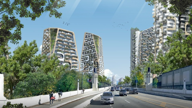 A rendering shows a view of a cluster of towers from a highway in vancouver