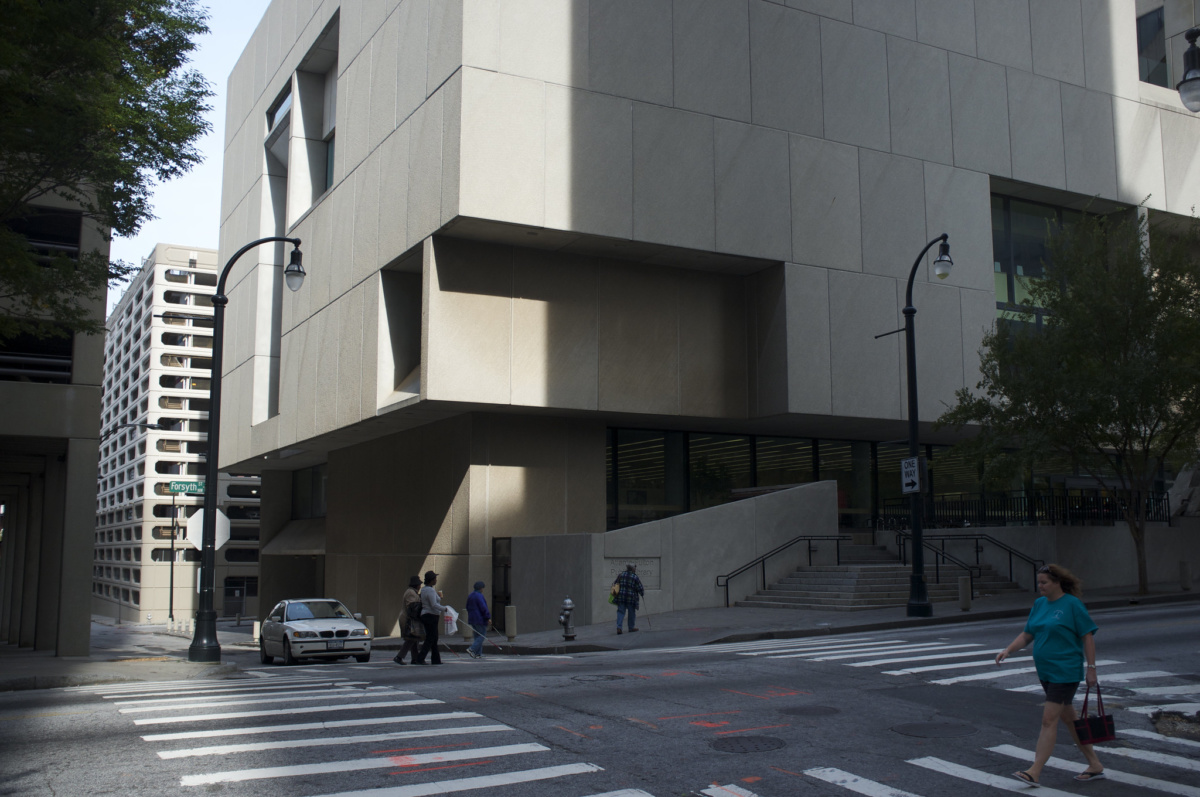 Exterior image of brutalist building, the Atlanta Central Library
