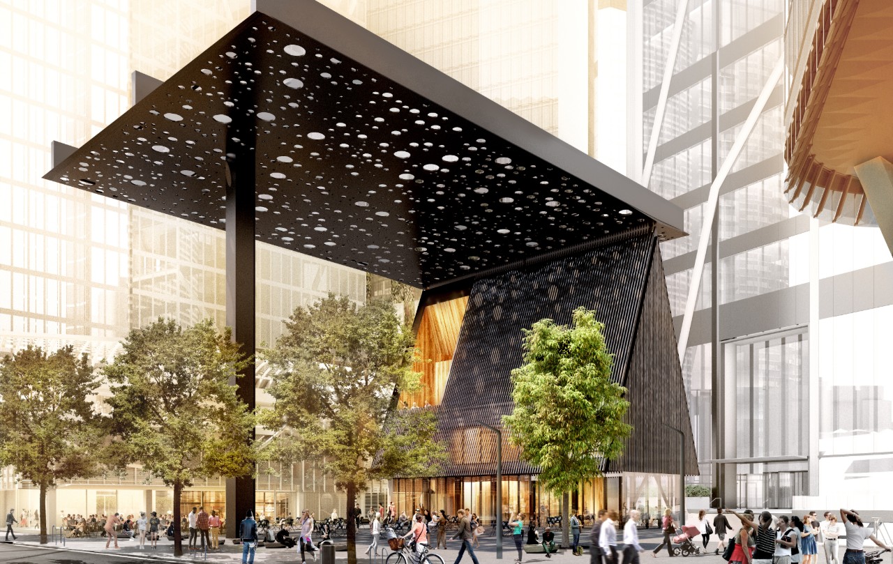 A rendering of a public plaza with a small house-shaped building topped with a monumental steel sculpture with circular holes cut out of it, in Sydney.