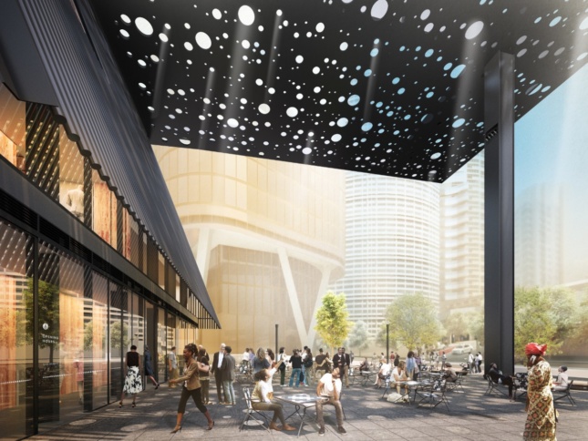 Rendering of a Sydney public plaza with a perforated steel sheet over top