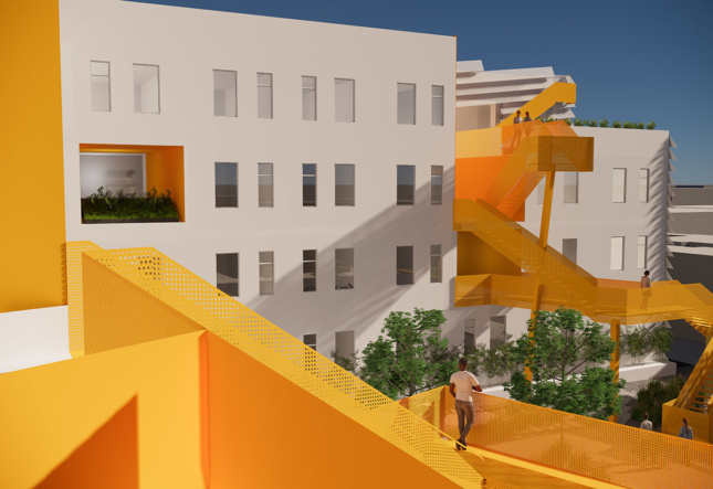 digital rendering of a large residential building with yellow stairwell massing