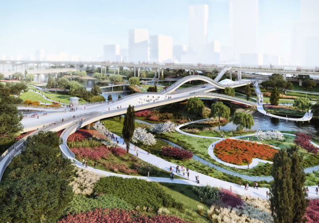 Rendering of the park from above, with waterfront greenery and winding bridge-like paths