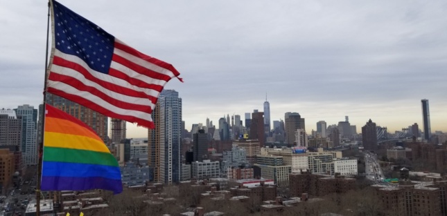 an american flag and a rainbow flag fly on top of a building in brooklyn which show views of downtown brooklyn and lower manhattan