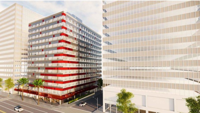 Rendering of two boxy office buildings with a strip of red running through one of them
