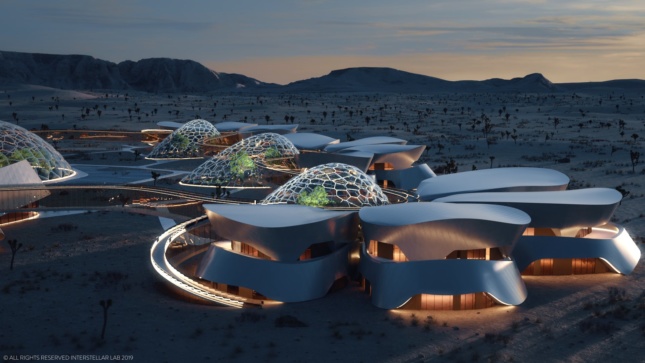 Rendering of space-like settlement in the Mojave Desert, with Mars conditions