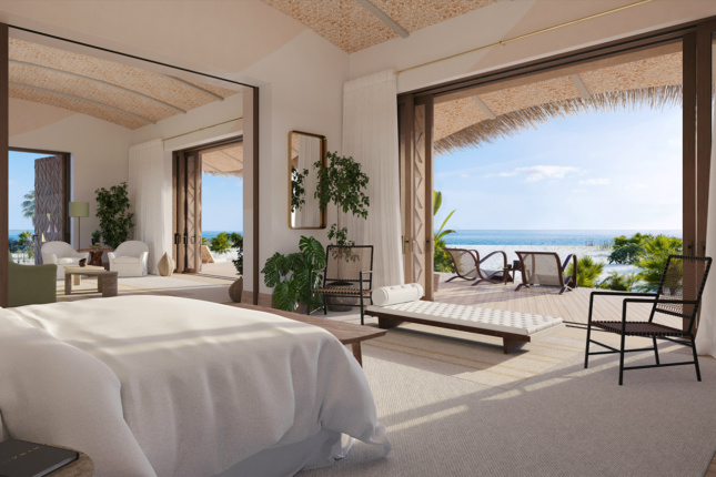 Interior rendering of a bedroom looking out to the ocean