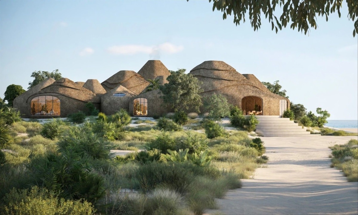 Renderings of thatched huts on a beach