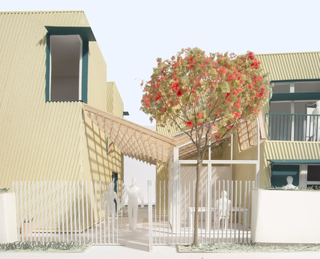 Digital rendering of the exterior of two residential buildings and an alleyway that runs inbetween then
