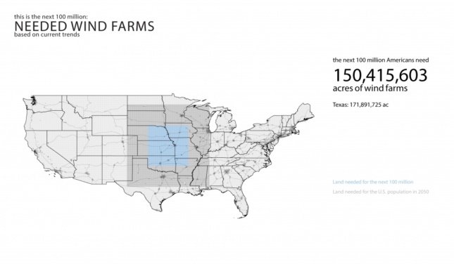 map of projected wind farm acreage need to power 100 million American