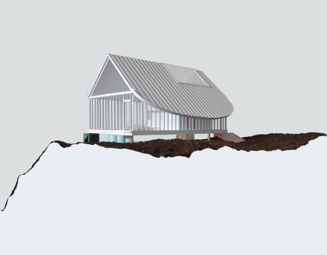 Digital rendering corner view of a frame of a gable roof house