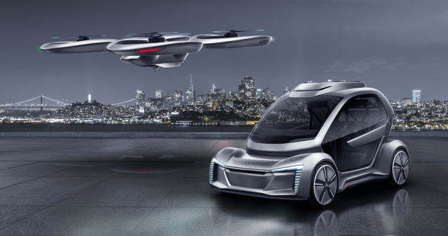 A futuristic car with drone