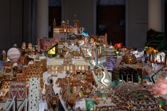 A sprawling gingerbread city complete with public services