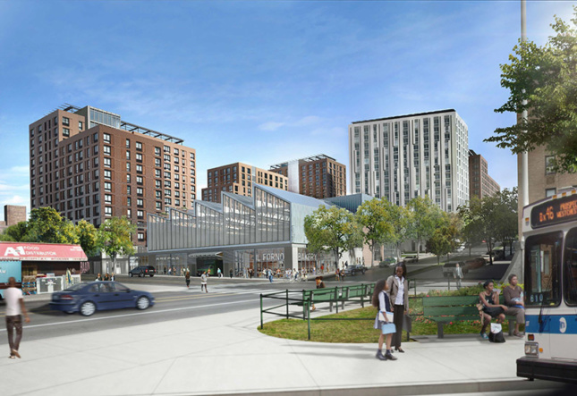 a rendering of a new building on a large corner lot in a city with people walking on the sidewalks