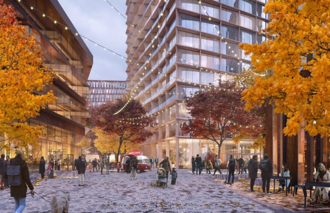 Rendering of innovation campus plaza in the fall at Harvard