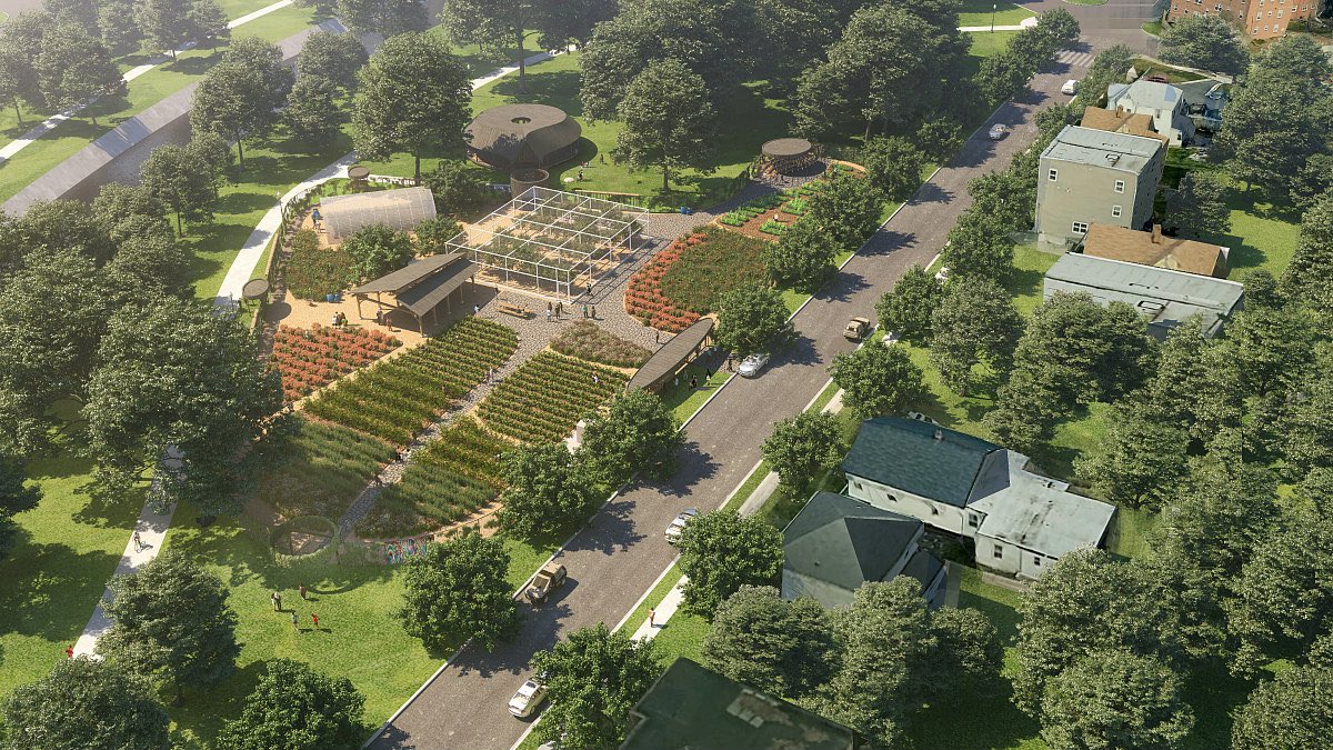 Aerial rendering of urban farm in neighborhood designed by SHoP Architects