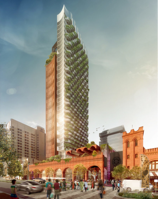 A rendering of a tower with green terraces and a large brick building with multiple arched entryways