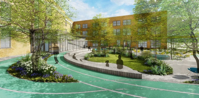 A rendering of a public housing project with a large inner courtyard with green space