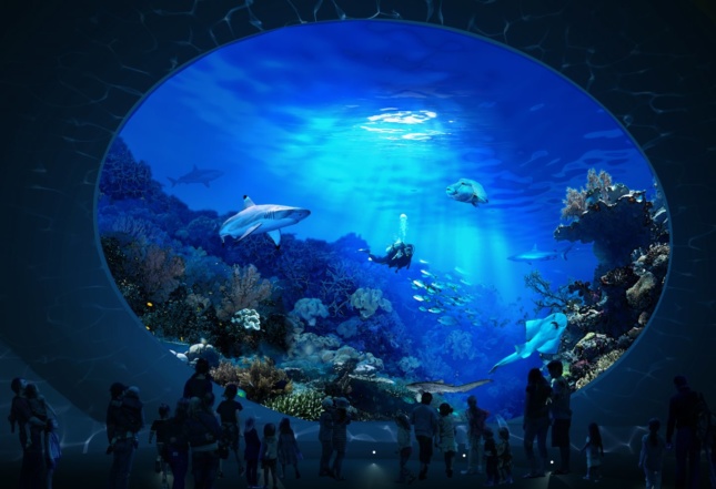 rendering of a shark tank at the Seattle Aquarium with sharks inside