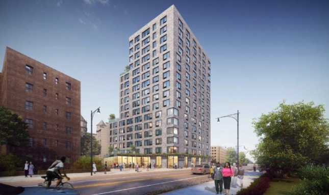 A rendering of a 17 story mixed use building on a city street, the new Stonewall House