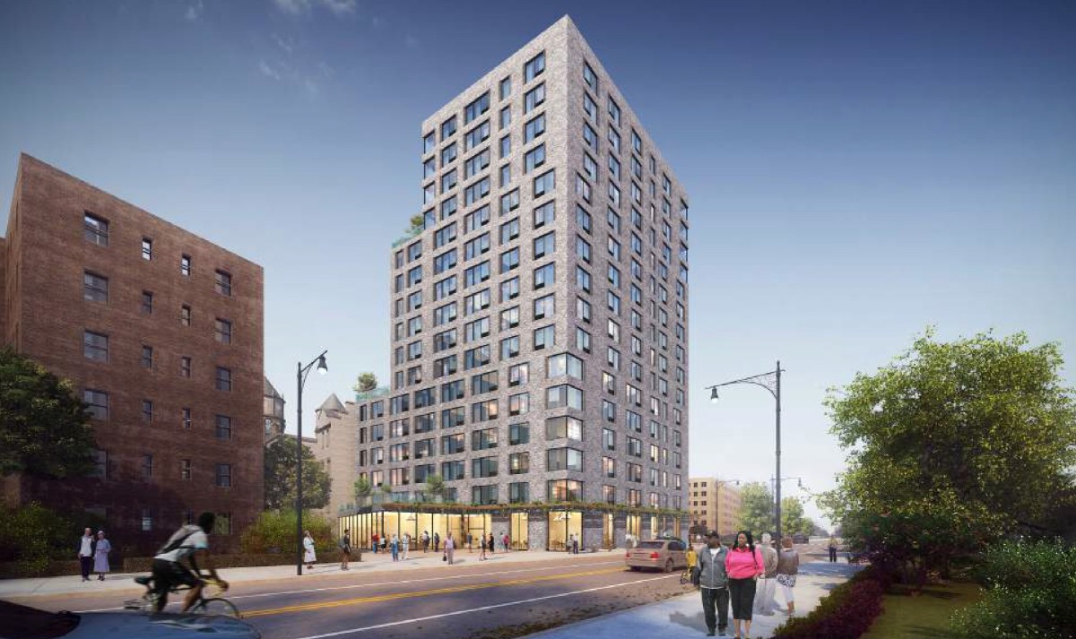 A rendering of a 17 story mixed use building on a city street, the new Stonewall House