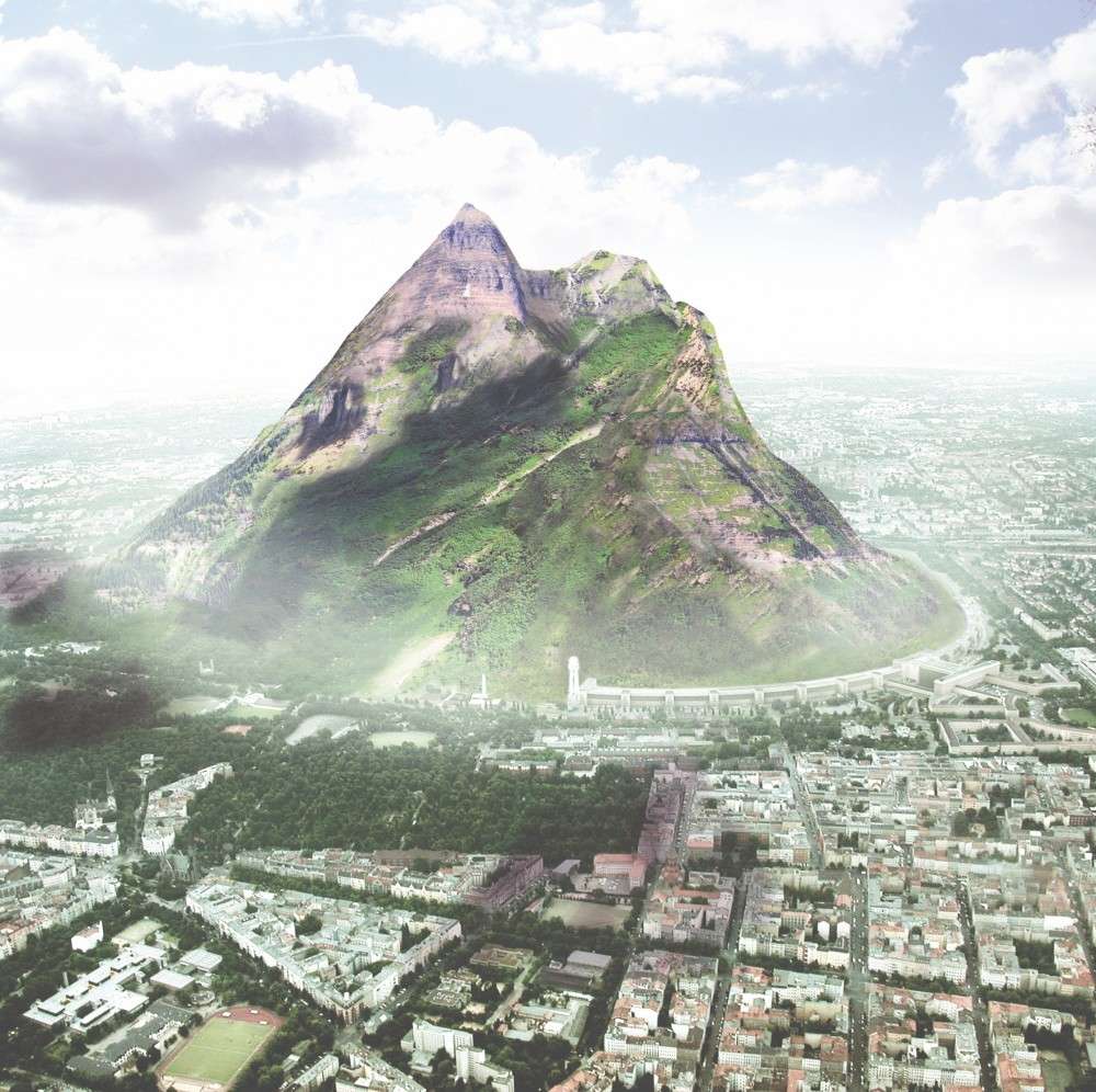 A render of a large mountain rising out of Berlin.