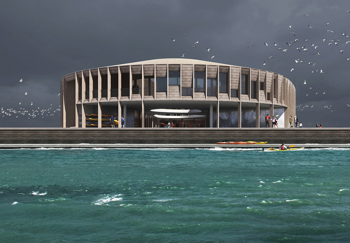 a round, timber-clad building sits on the waters edge. The rendering shows a cloudy sky and blue water