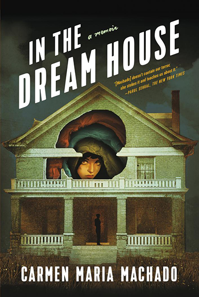 A book cover featuring a home with a cutaway hole and a woman staring out.