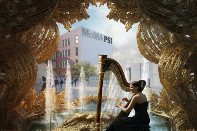 A woman playing a harp in front of MoMA PS1