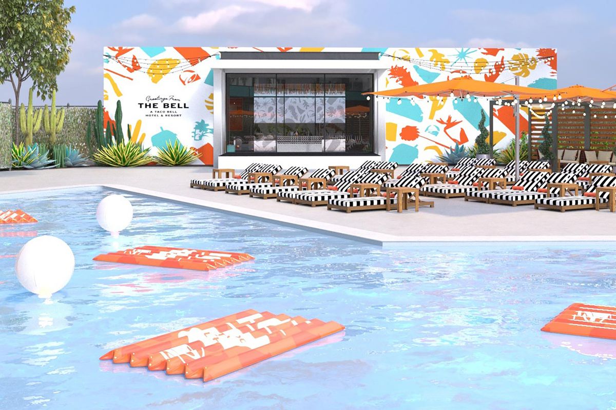 Rendering of a pool with Taco Bell motif