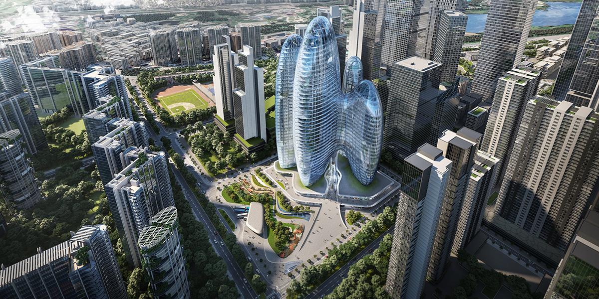 Aerial view of multi-tower development with globular design in Shenzhen for OPPO