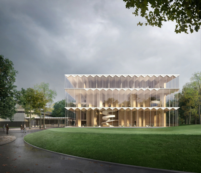 Rendering of a glass-clad timber concert hall