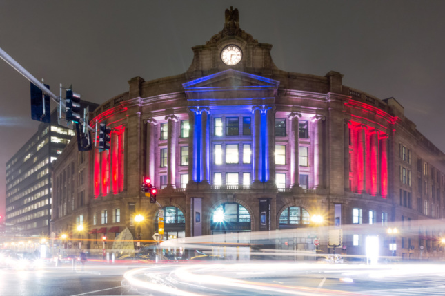 The historic South Station in Boston at night