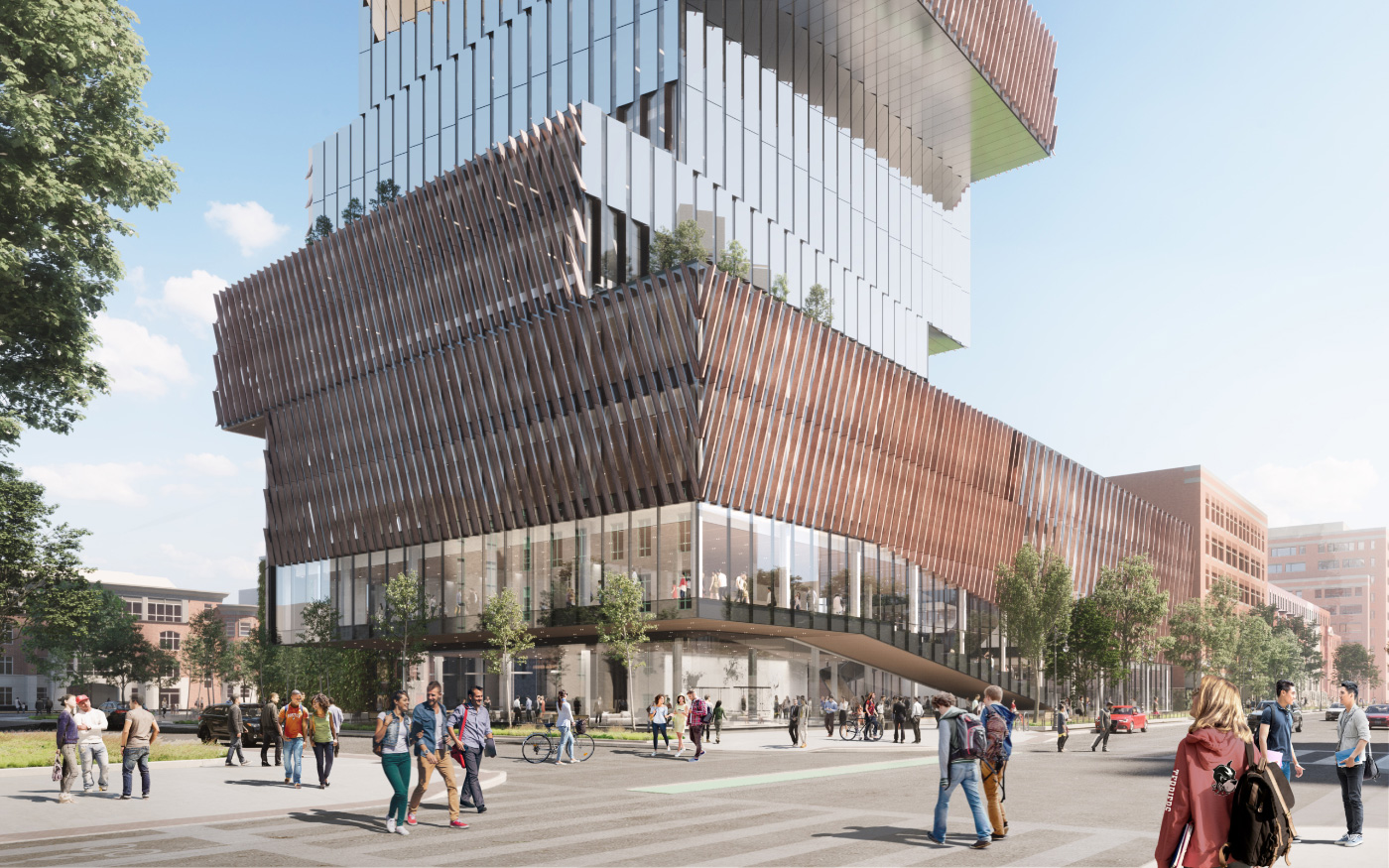 Rendering of a glassy tower with slanted louvers rising on the campus of Boston University