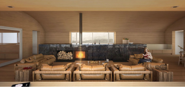 Wooden interior shot with leather couches and large fireplace