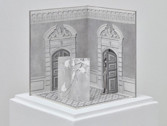 Greyscale drawing of a museum gallery with a woman loitering