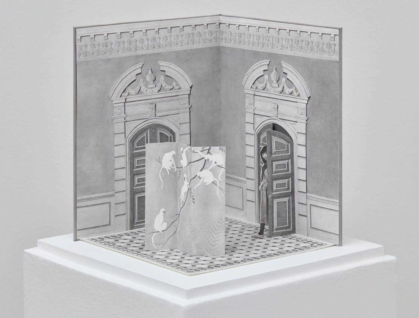 Greyscale drawing of a museum gallery with a woman loitering