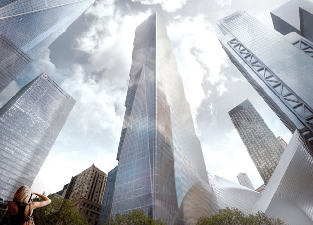 Rendering of a boxy glass tower at 2 world trade center