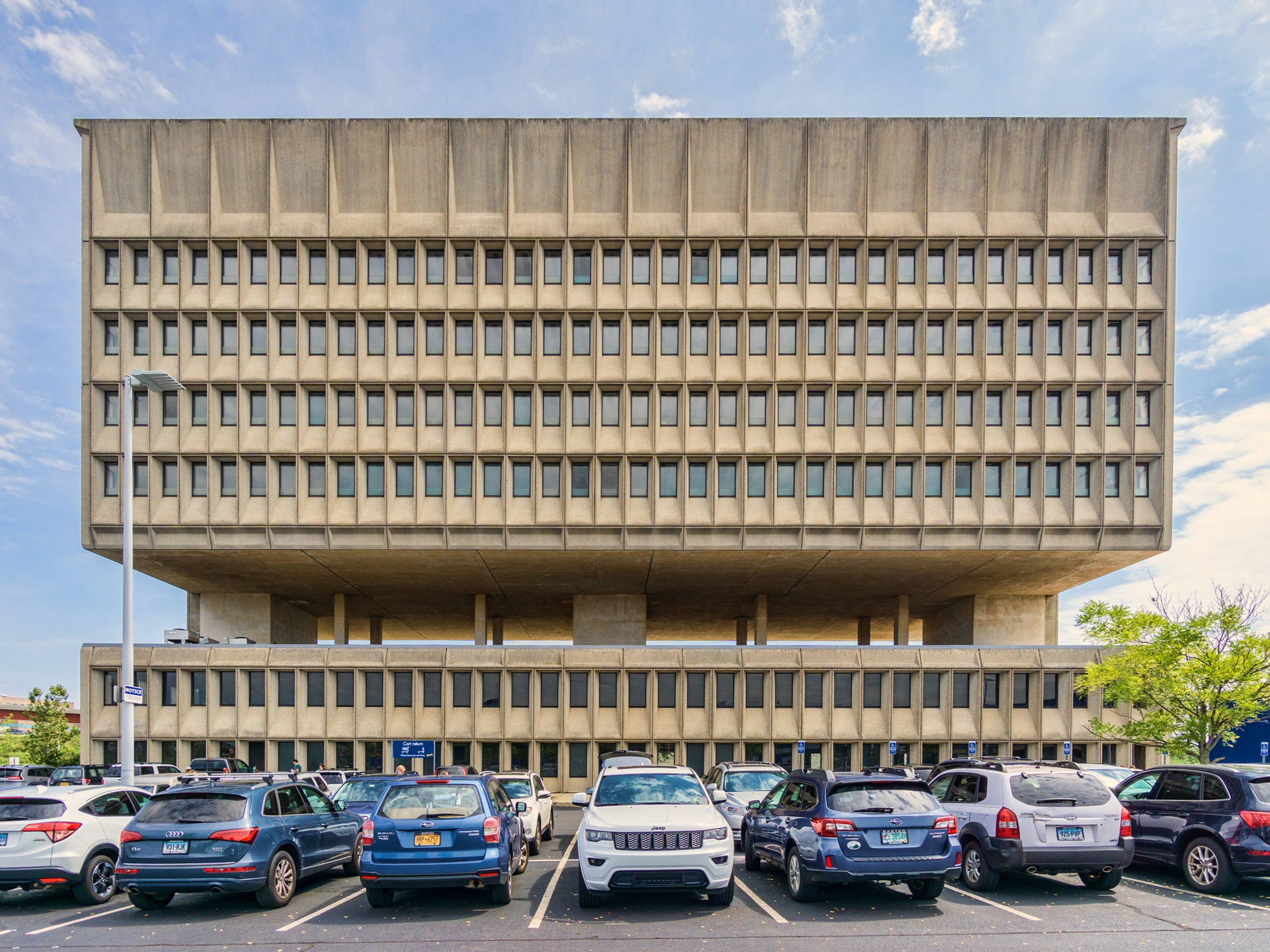 The Pirelli Tire Building, a concrete combed building with two hemispheres