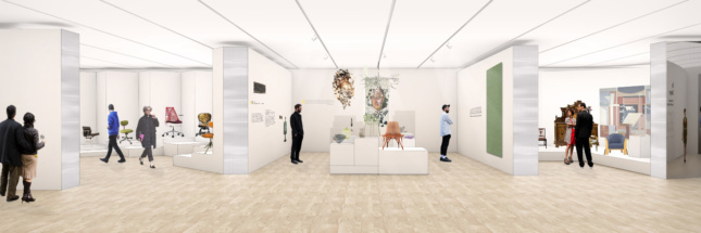 Interior rendering of a triptych design gallery