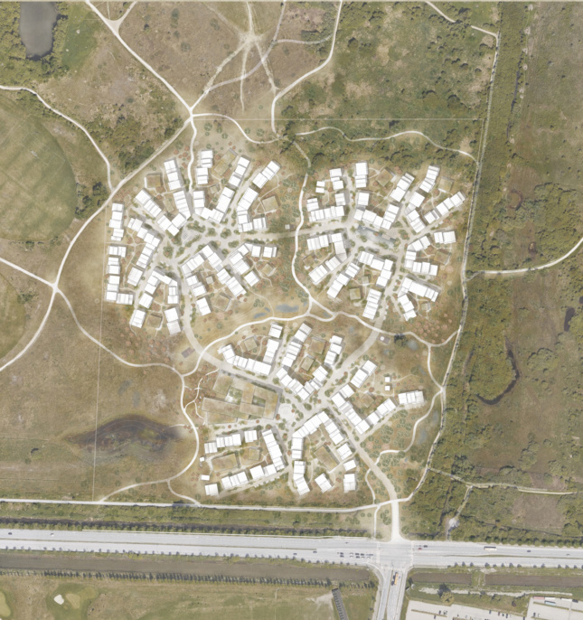 Aerial diagram of a clustered neighborhood master plan for Fælledby