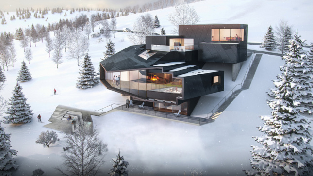 Building rendering atop a snowy mountain