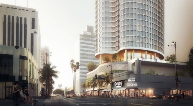 Rendering of L.A. curvilinear tower coming out of a parking podium and Art Deco-style drug store building