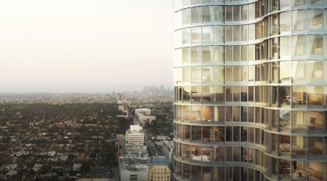 Up close rendering of a tower's glass exterior showing inside of apartments