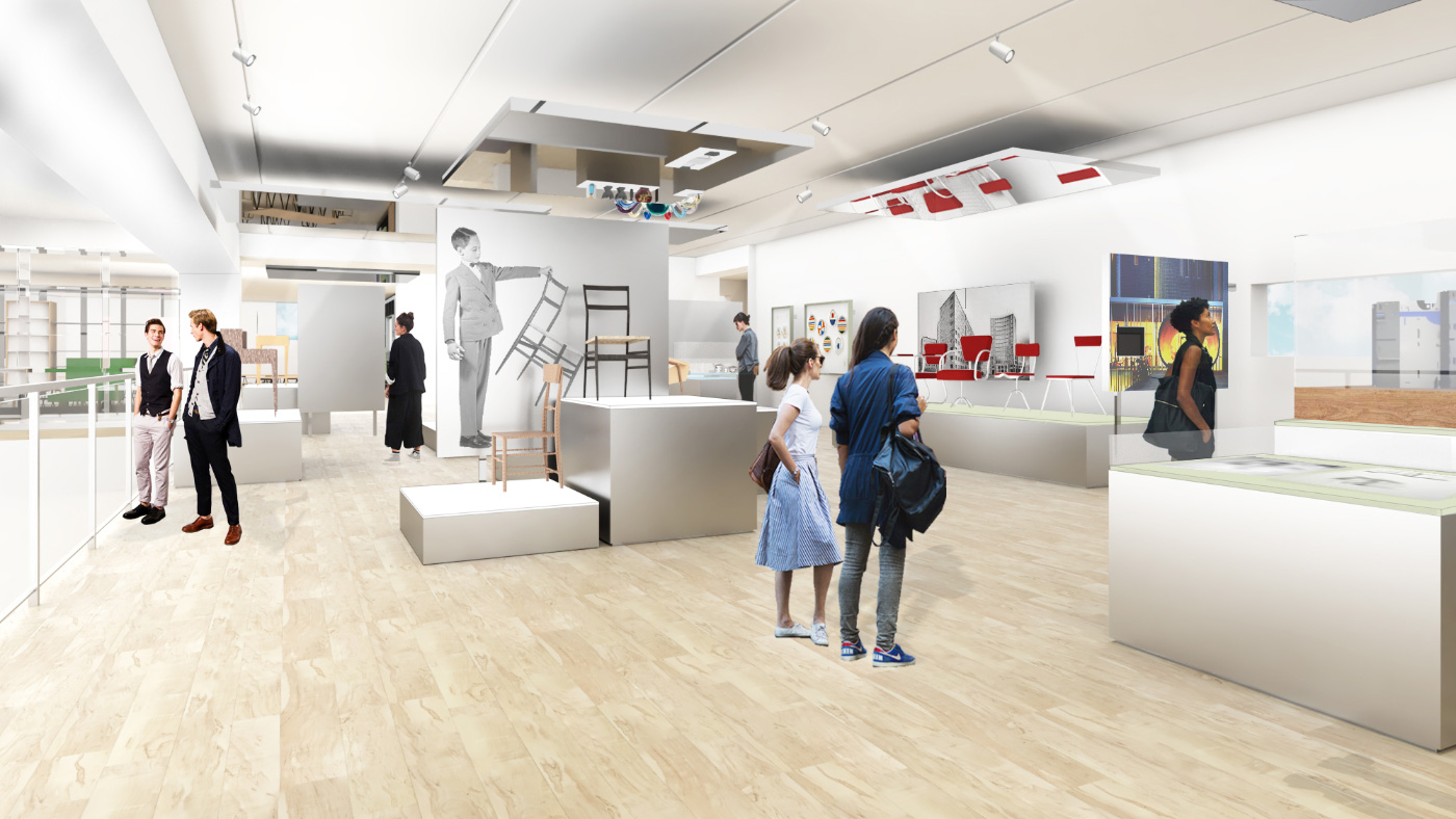 Interior rendering of a white gallery space